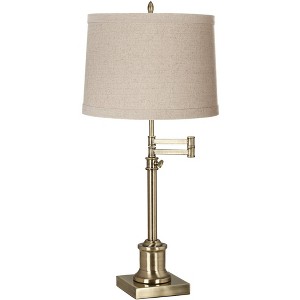 360 Lighting Swing Arm Desk Table Lamp 36" Tall Antique Brass Natural Linen Drum Shade for Living Room Bedroom Nightstand Office Family - 1 of 4