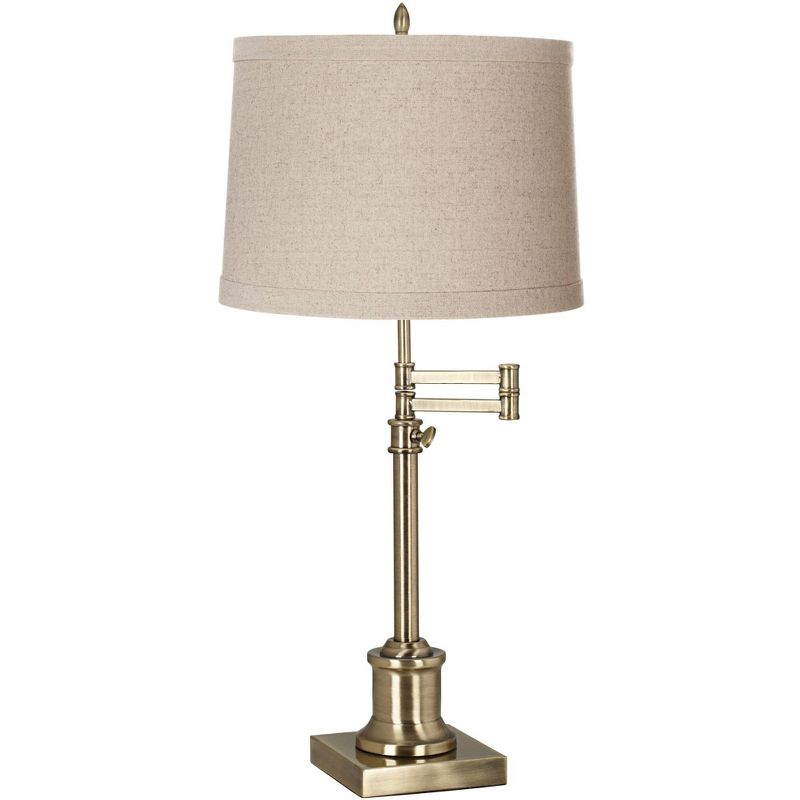 360 Lighting Swing Arm Desk Table Lamp 36" Tall Antique Brass Natural Linen Drum Shade for Living Room Bedroom Nightstand Office Family, 1 of 4