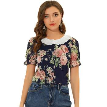 Allegra K Women's Floral Embroidered Shirt Pleated Round Neck Ruffle Peasant Top