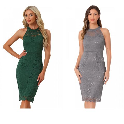 Женские платья INSPIRE CHIC Women's Elegant Lace Halter Neck Sleeveless Bodycon Cocktail Sheath Dress 2 Packs Large Dark Green/Grey
