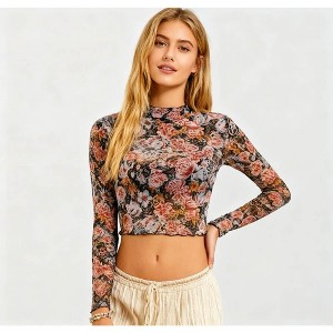 Women's Floral Mesh Long Sleeve Crop Top - Sheer Stretchy Slim Fit