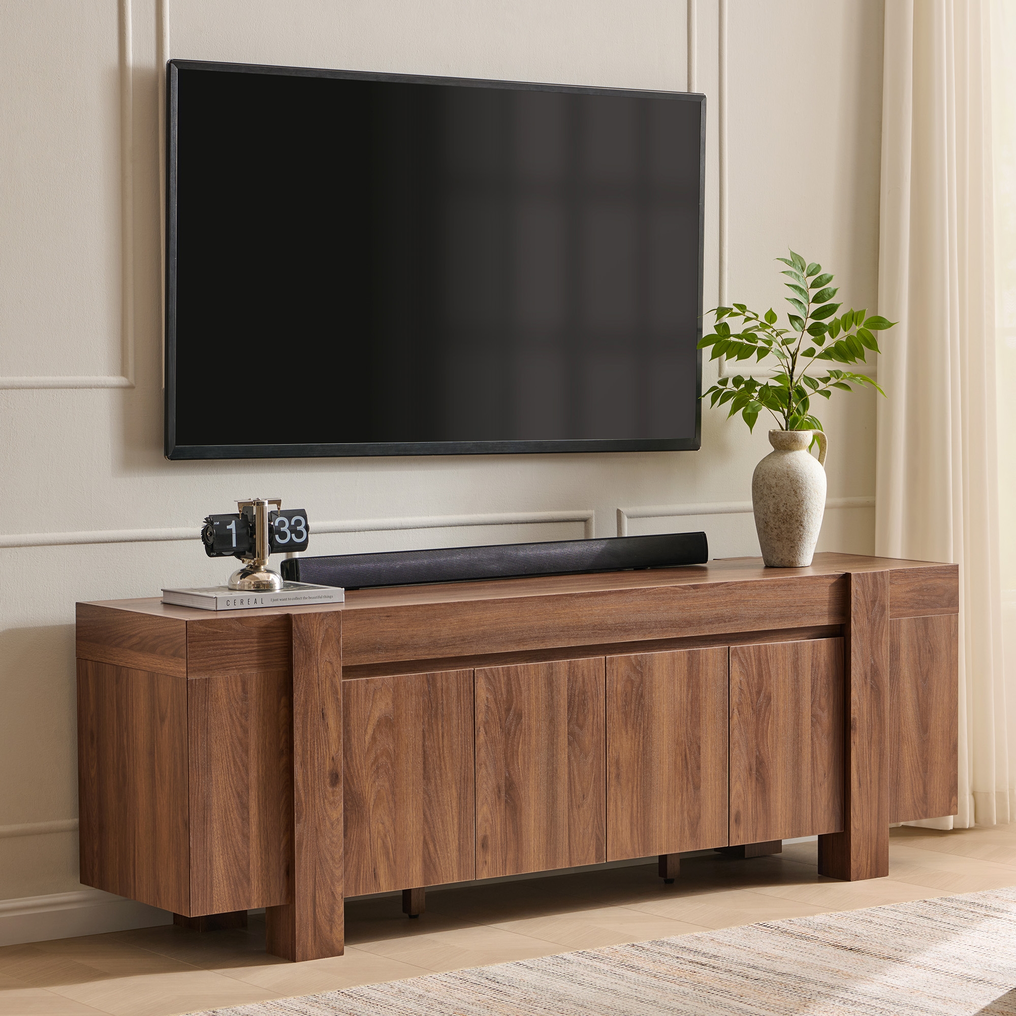 TV Stand for TVs up to 80 Inches, Modern Entertainment Center with Storage Cabinets, Media Console Table for Living Room, Bedroom, Brown