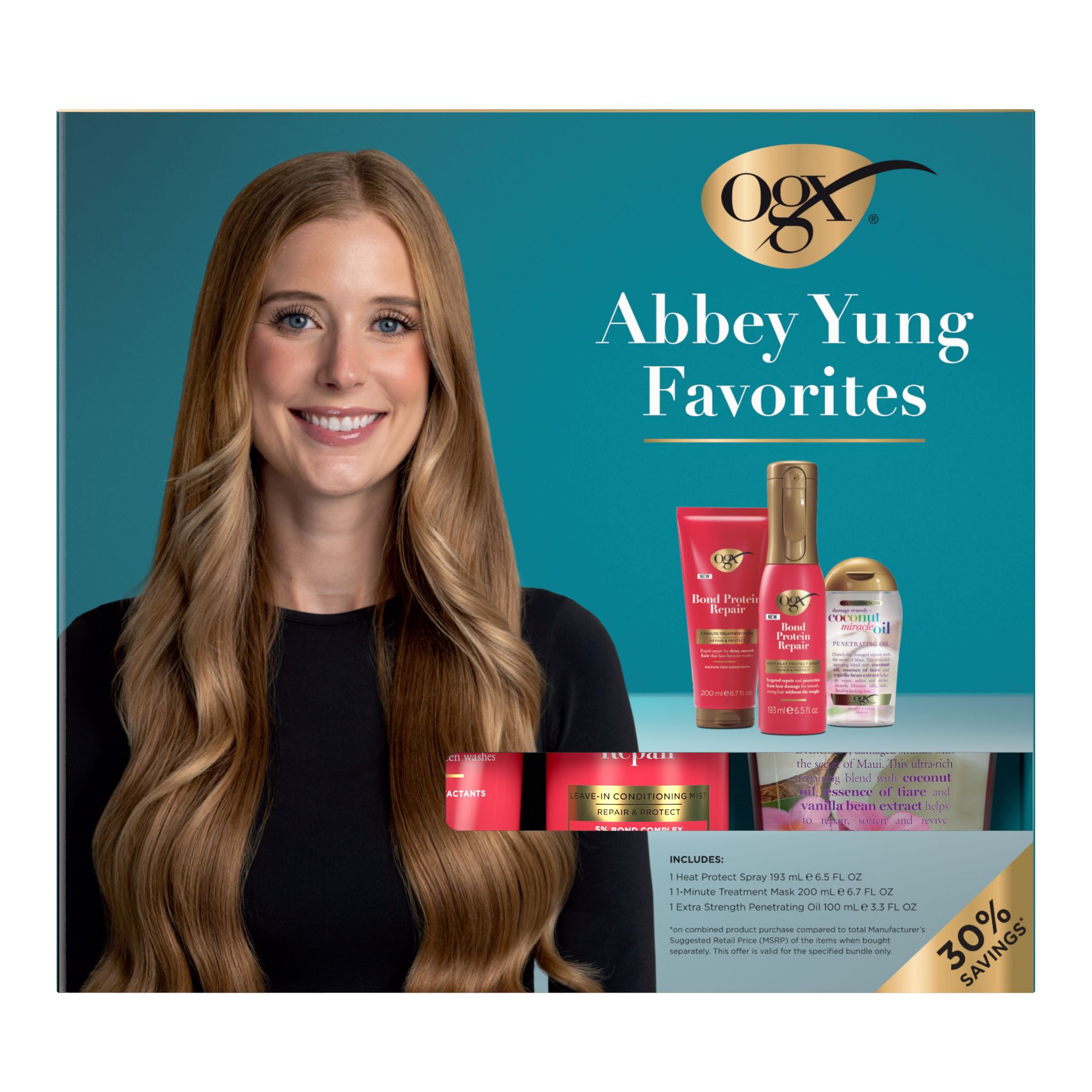 OGX Abbey Yung Hair Care Gift Set - Heat Protect Spray, Treatment Mask and Oil - Full Size - 3pc