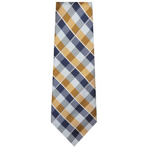 TheDapperTie Men's Navy Blue, Light Brown And White Checks Necktie with Hanky - 1 of 1
