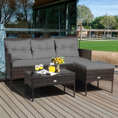 Gray 3-Piece Wicker Patio Conversation Set with Cushions and Table
