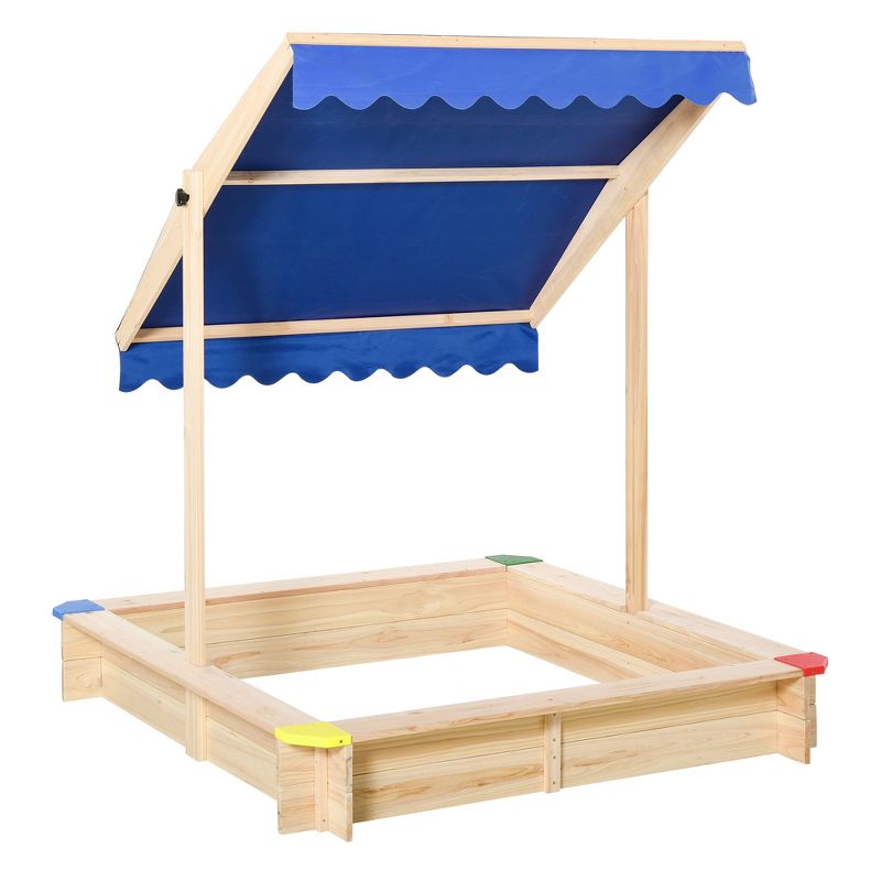 Outsunny Wooden Sandbox w/ Adjustable Canopy, Children Outdoor Playset Weather Resistant 47" L x 47" W x 47" H, Natural & Blue, 4 of 9