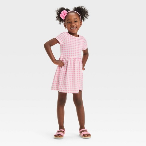 Toddler Girls' Checkered Short Sleeve Dress - Cat & Jack™ Pink 12m : Target