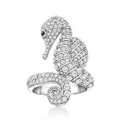 Ross-Simons 2.00 ct. t.w. White Zircon Seahorse Ring With Single Black Spinel in Sterling Silver
