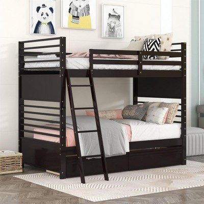 NicBex Twin over Twin Bunk Bed Convertible Pine Bed Frame with 2 Drawers, Full Length Guardrail and Inclined Ladder, No Box Spring Required