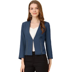 Allegra K Women's Work Office Zipper Decor Collarless Cropped Blazer - 1 of 4