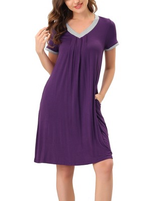 cheibear Women's Soft V-Neck Summer Pajama Lounge Dress with Pockets Nightgowns