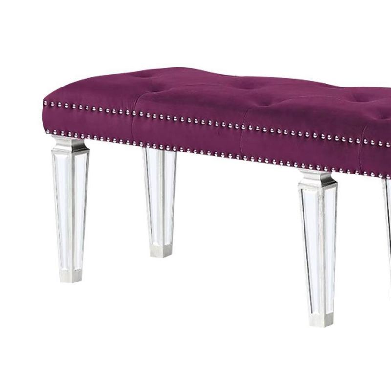 60&#34; Varian Mirrored Bench Burgundy Velvet - Acme Furniture, 3 of 5