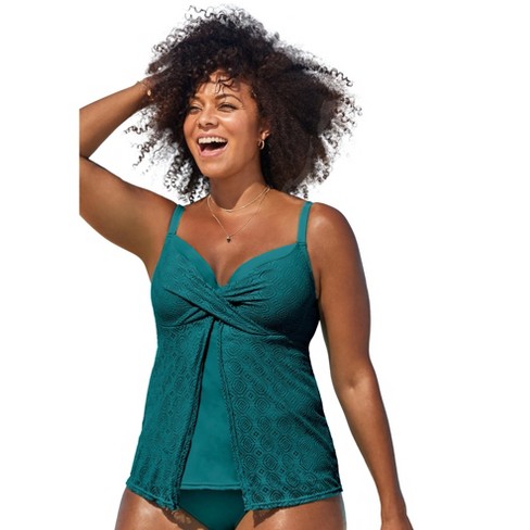 Swimsuits for All Women's Plus Size Faux Flyaway Crochet Underwire Tankini  Top - 20, Green