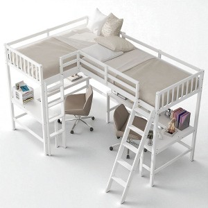 L-Shaped Twin Loft Bed with 2 Built-in Desks, Solid Wood Frame, Ladder Access, No Box Spring Needed, Gray Finish - 1 of 4