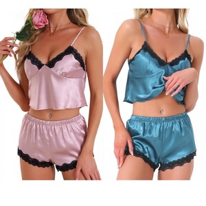 INSPIRE CHIC Women's 4 Pcs Loungewear Satin Lace Sleeveless Spaghetti-Strap Removable Pad Cami & Shorts Pajama Set - 1 of 4