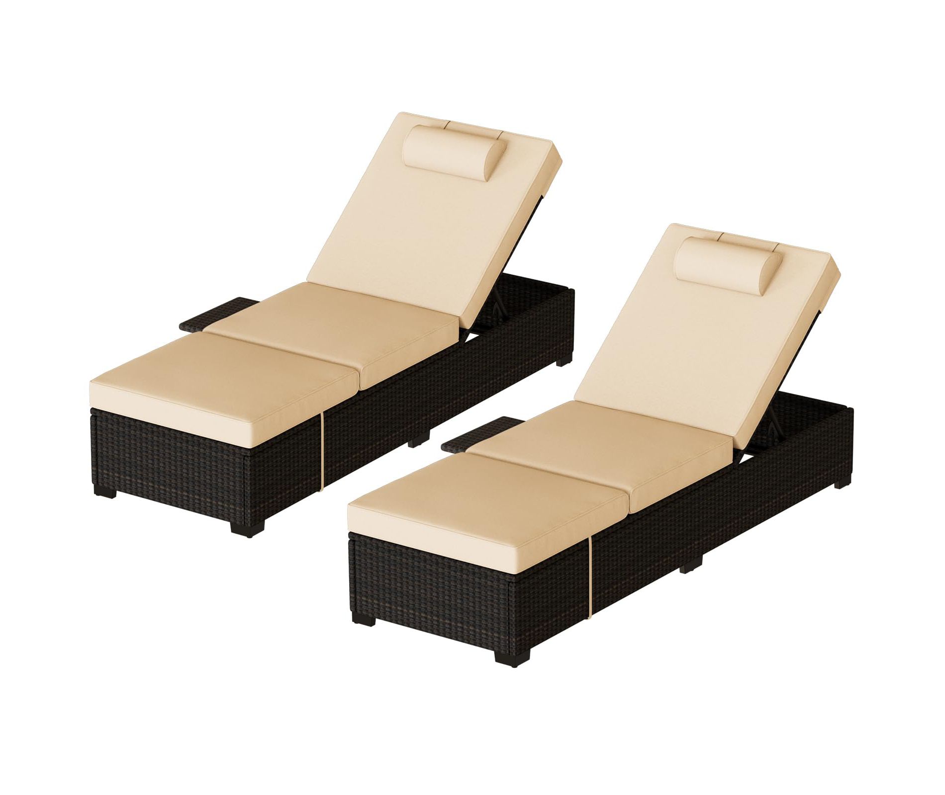 Patio Chaise Lounge Chairs Set of 2 - Adjustable Reclining Sun Loungers with PE Wicker & Steel Frame (Beige) for Poolside/Beach/Garden