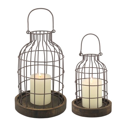 2pc Wire Metal Cloche Set with Wooden Bases Brown - Stonebriar Collection
