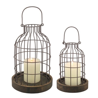 Stonebriar Collection 2pc Wire Metal Cloche Set with Wooden Bases Brown: Rustic Decorative Candle Display