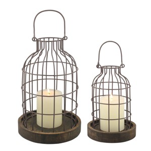 Stonebriar Collection 2pc Wire Metal Cloche Set with Wooden Bases Brown: Rustic Decorative Candle Display - 1 of 4