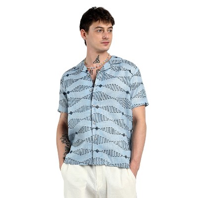 Campus Sutra Men Men's Icy Blue Embroidered Geometric-Lined Shirt