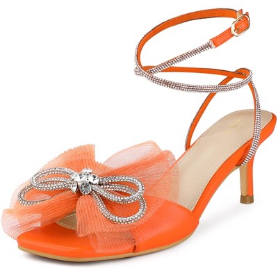 Perphy Women's Mesh Bow Lace Up Rhinestones Strap Kitten Heel Sandals