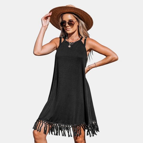 Женские платья Cupshe Women's Boho Chic Tassel Trim Sleeveless Swing Dress - Cupshe-S-Black