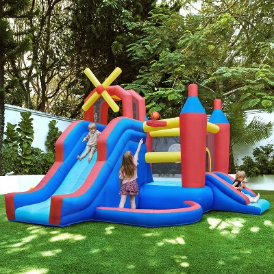 Blue and Red Inflatable Bounce House with Slide and Ball Pit
