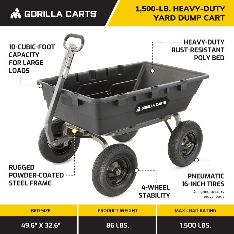 Gorilla Carts Heavy Duty Poly Yard Dump Cart Garden Wagon, Utility Wagon with Easy to Assemble Steel Frame, 1500 Pound Capacity, and 16 Inch Tires, 2 of 7