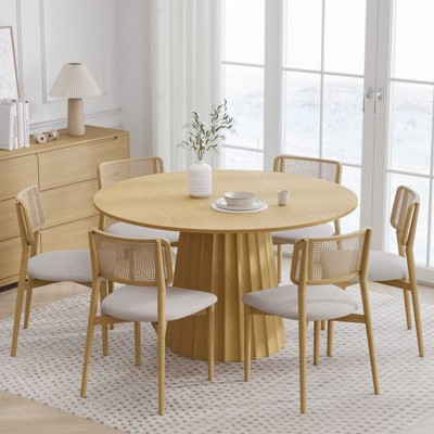 PexFix 60" Solid Wood Round Dining Table Kitchen Table for 6-8 with Tabletop and Fluted Tapered Base for Living/Dining Room Coffee Office Natural
