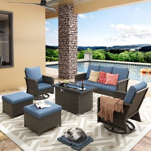 Patio Furniture Set 6 Peices with 44" Propane Gas Fire Pit Table, Outdoor Sectional Furniture Conversation Sofa Set with Cushion for Porch Backyard - 1 of 4