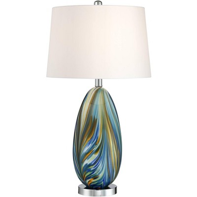 Possini Euro Design Contemporary Table Lamp with Table Top Dimmer Blue Art Glass Fabric Drum Shade for Living Room Bedroom Bedside