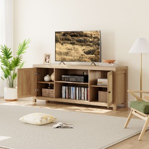 TV Stand, Farmhouse Entertainment Center with 2 Natural Rattan Doors and Height Adjustable Shelves, Modern Media TV Console for Living Room, Bedroom - 1 of 4