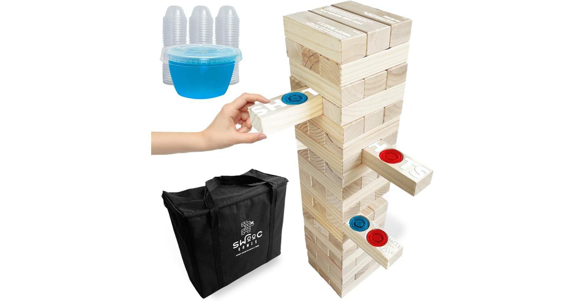 SWOOC Games - Giant Tower Party Game with Hidden Jello Shots - Includes Disposable Cups, Lids & Carrying Case - Stacks up to 5ft - Tipsy Topple Game