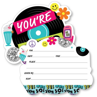 Big Dot of Happiness Through the Decades - Shaped Fill-In Invitations - 50s, 60s, 70s, 80s, and 90s Party Invitation Cards with Envelopes - Set of 12