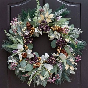 Winter Wreaths for Front Door Indoor Outdoor Decor Artificial Snow Leaves Pine Needles Blueberry Berries Winter Theme - 1 of 4