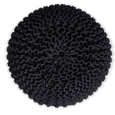 Charcoal Grey Hand-Woven Cotton Round Pouf Ottoman