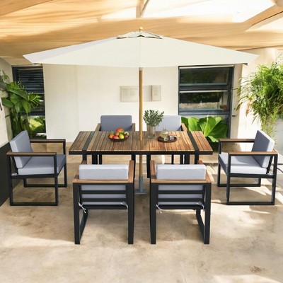 7-Piece Outdoor Dining Set – Patio Table & Chairs with Removable Cushions, Acacia Wood & Steel Frame, Beige, for Patio, Garden, and Backyard