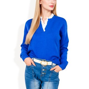 Anna-Kaci Women's Sweater with V-Neckline and Lace Trim Detail - 1 of 4