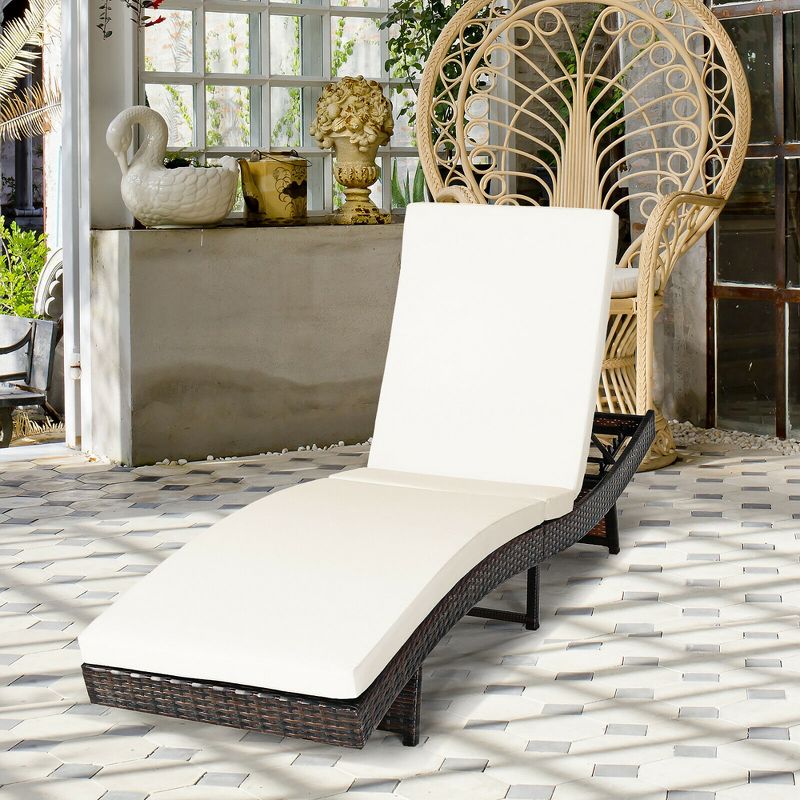 Costway 2PCS  Patio Rattan Folding Lounge Chair Chaise Adjustable White Cushion, 4 of 11
