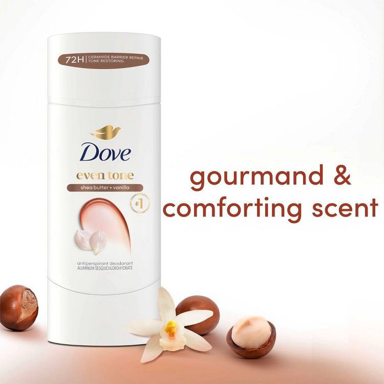 White antiperspirant stick labeled "Dove even tone shea butter + vanilla" with text "gourmand & comforting scent" beside it, surrounded by shea nuts and a vanilla flower.