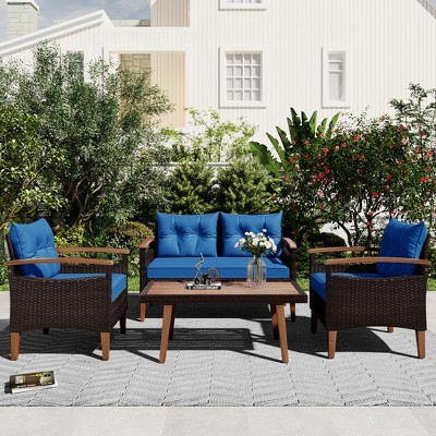 4PCS Patio PE Rattan Conversation Seating Set with Wood Tabletop and Legs-ModernLuxe