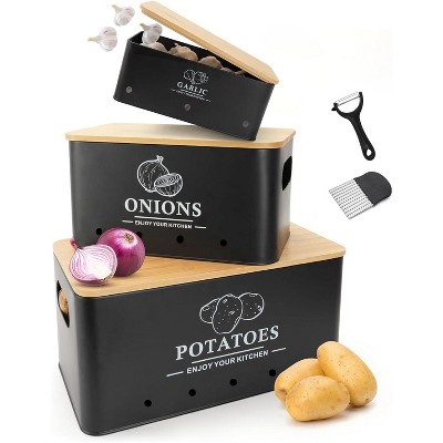 Set of 3 Metal Vegetable Storage Canisters with Wood Lids & Aerating Holes