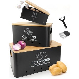 Set of 3 Metal Vegetable Storage Canisters with Wood Lids & Aerating Holes - 1 of 4