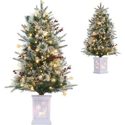 3FT Small Pre-Lit Artificial Christmas Tree with 78 LED Lights, Snow Flocked Xmas Tree with Red Berries, Pine Cones, Timer/Battery-Operated Base