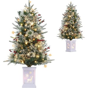 3FT Small Pre-Lit Artificial Christmas Tree with 78 LED Lights, Snow Flocked Xmas Tree with Red Berries, Pine Cones, Timer/Battery-Operated Base - 1 of 4