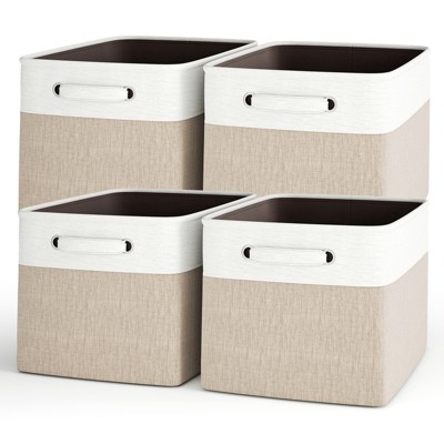 SUGIFT 4 Pcs Collapsible Storage Baskets with Handles Linen Fabric Organizer Bin with Metal Frame and Hard Bottom for Clothes Toys Books