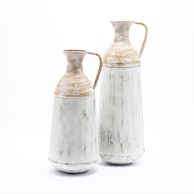 LuxenHome Set of 2 Distressed Off White and Rustic Brown Metal Pitcher Vase Off-White