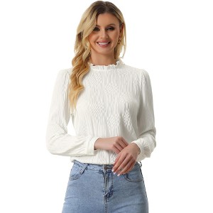 Allegra K Women's Texture Long Sleeve Casual Office Ruffled Mock Neck Tops - 1 of 4