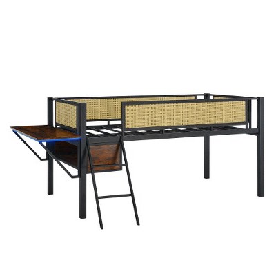 Loft Bed Full Size With LED Lights, Heavy Duty Metal Loft Beds Frame With Desk, Storage Space, Ladder & Safety Guardrail, No Box Spring Needed