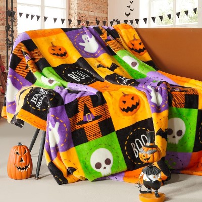Hachikiko Halloween Fleece Throw Blanket 50"x60",Bat & Ghost Plaid Pattern, Soft Fuzzy Plush for Kids & Adults